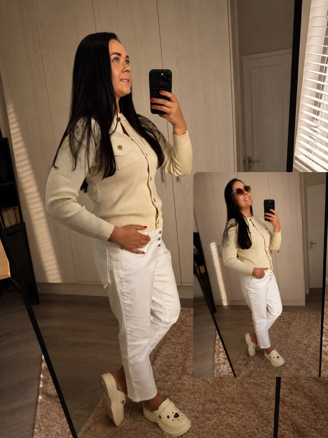 Cream knit and white denim outfit styling